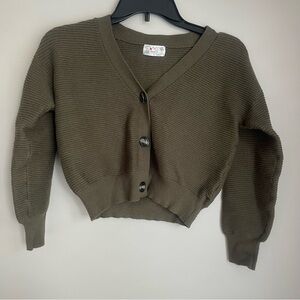 Poof Apparel Olive Green Cropped Ribbed V Neck Buttoned Cardigan Sweater Size S